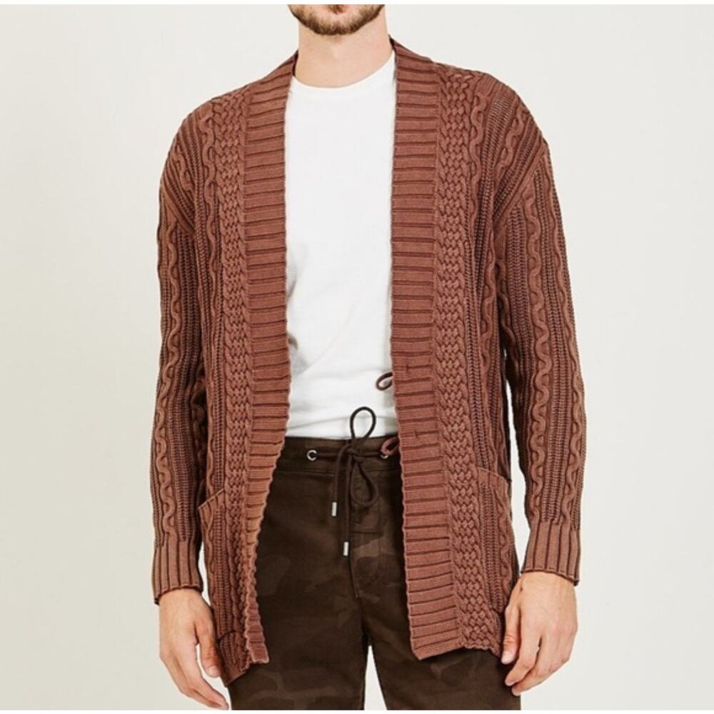 PAIGE Newton Cable Knit Cardigan Sweater Men M Brown Cotton Cashmere Blend